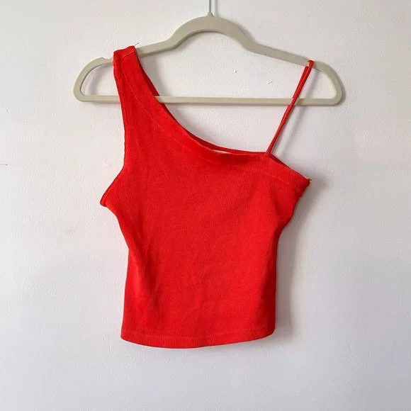 We The Free Free People Ribbed One Shoulder Tank In Red Orange Size Small - Picture 1 of 5
